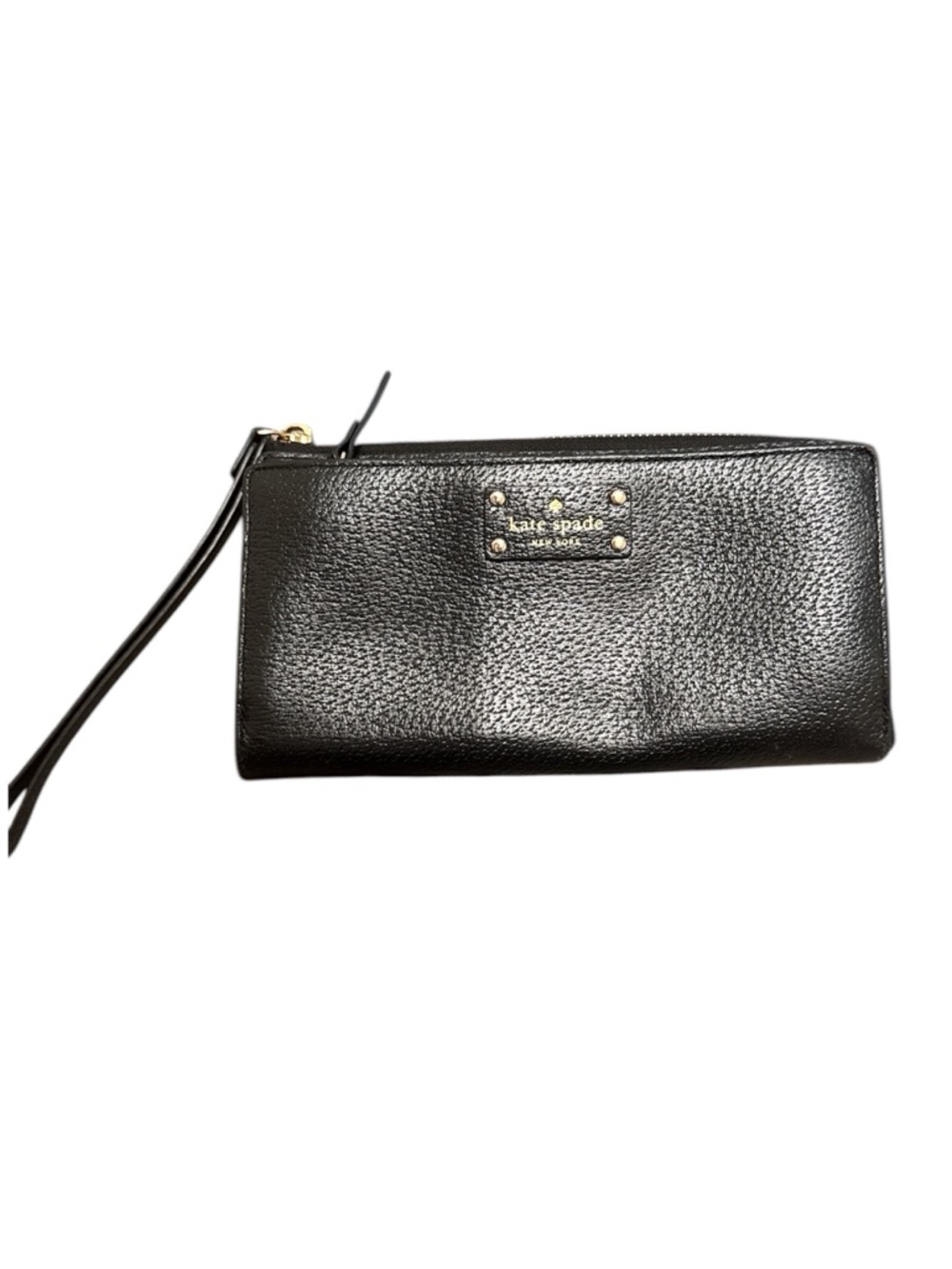 kate spade Black Pebbled Leather Wristlet Clutch with Gold Plaque